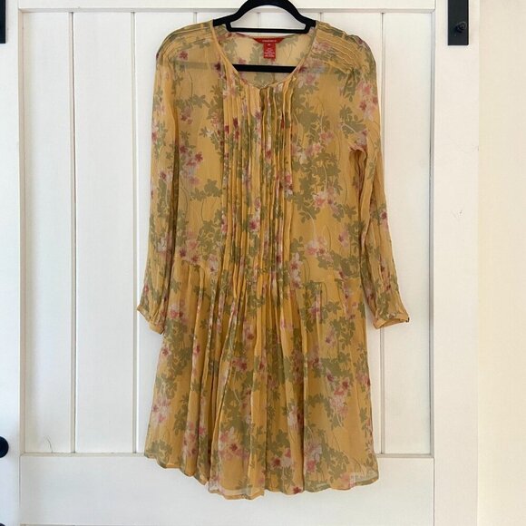 Sundance 100% Silk Yellow Long Sleeve Floral Boho Button Front Dress Size Small - Picture 1 of 13